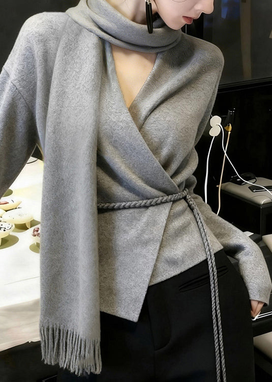 Boutique Grey Bow Tie Waist Knit Sweaters Winter