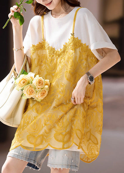 New Style White Organza Patchwork Embroidered T-shirt Summer