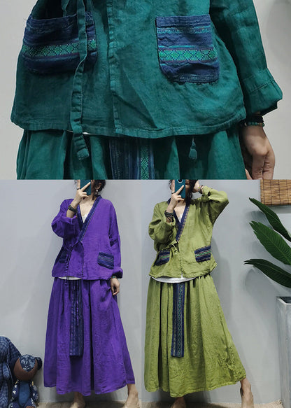 Blackish Green Pocket Linen Shirt Top a Line Skirt Two Piece Set Elastic Waist Long Sleeve
