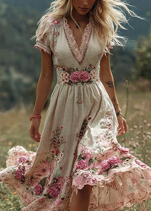 Beige High Waist Patchwork Cotton Long Dress V Neck Summer