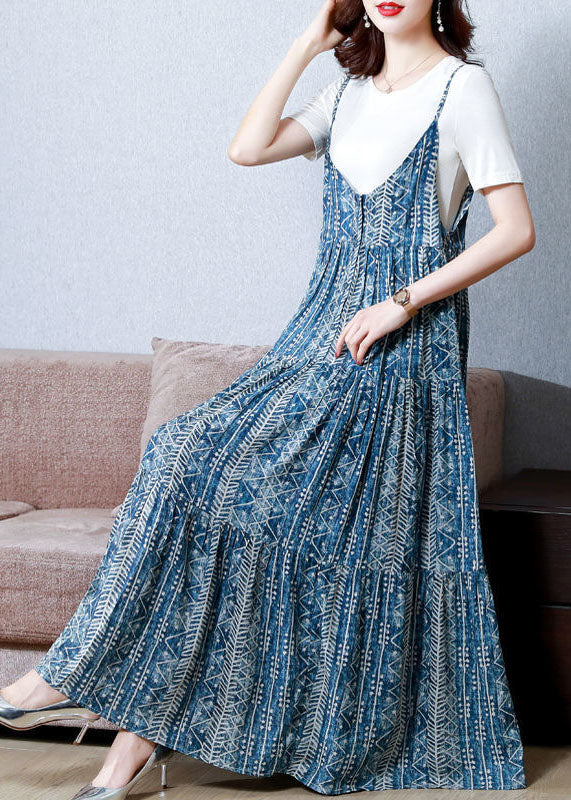 Blue Print Patchwork Exra Large Hem Cotton Spaghetti Strap Dress Two Piece Set Summer