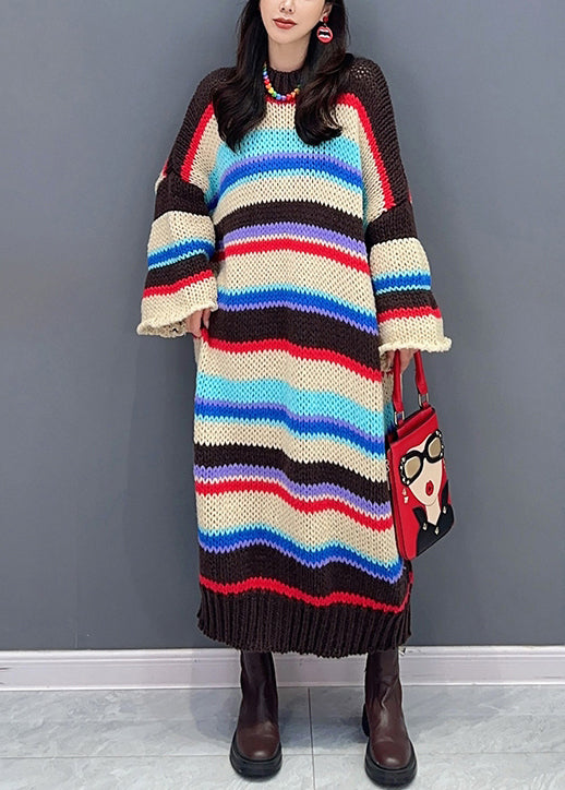 Loose Striped O-neck Hollow Out Patchwork Knit Dresses Fall