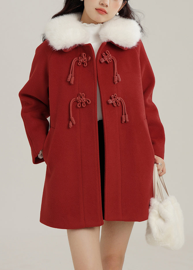 Red Oversized Chinese Button Woolen Coats Winter