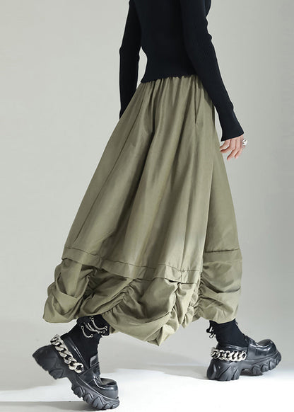 Green Wrinkled Pockets Patchwork Cotton Skirts Fall