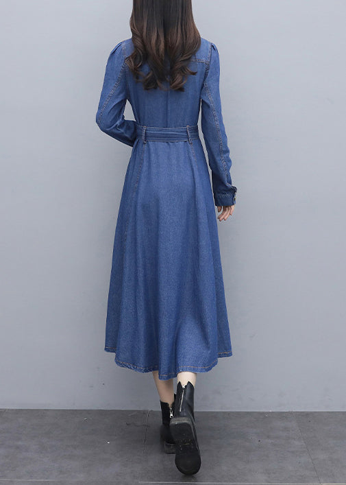 Fitted Blue Square Collar Button Sashes Pocket Cotton Denim Dress Long Sleeve