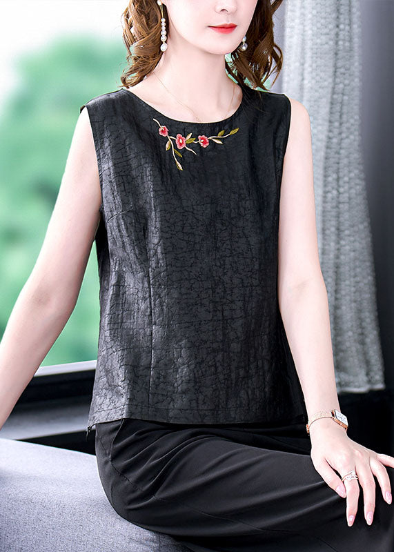 French Black O-neck Embroideried Patchwork Silk T Shirt Tops Sleeveless