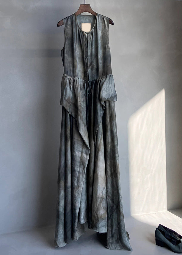 French Grey Lace Up Patchwork Linen Dress Sleeveless Summer