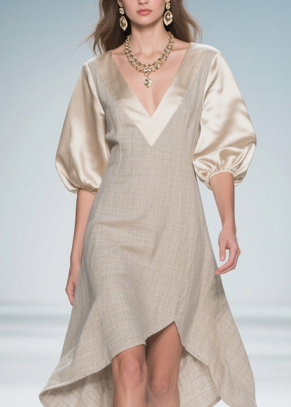 Colorblock Puff Sleeve Patchwork Linen Silk Dresses