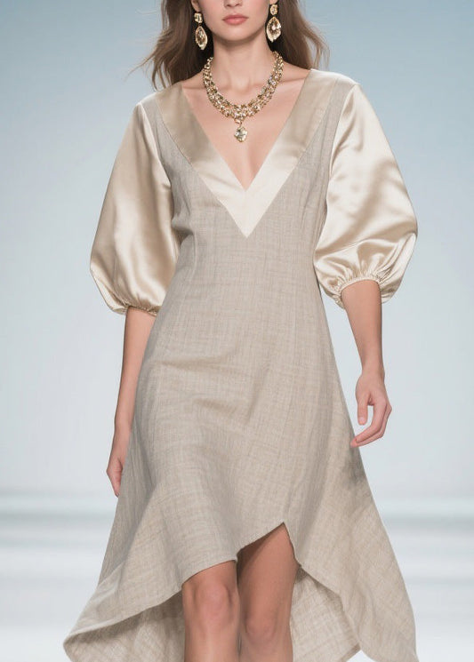 Colorblock Puff Sleeve Patchwork Linen Silk Dresses