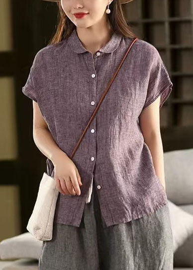 Purple Peter Pan Collar Linen Shirt Top Summer