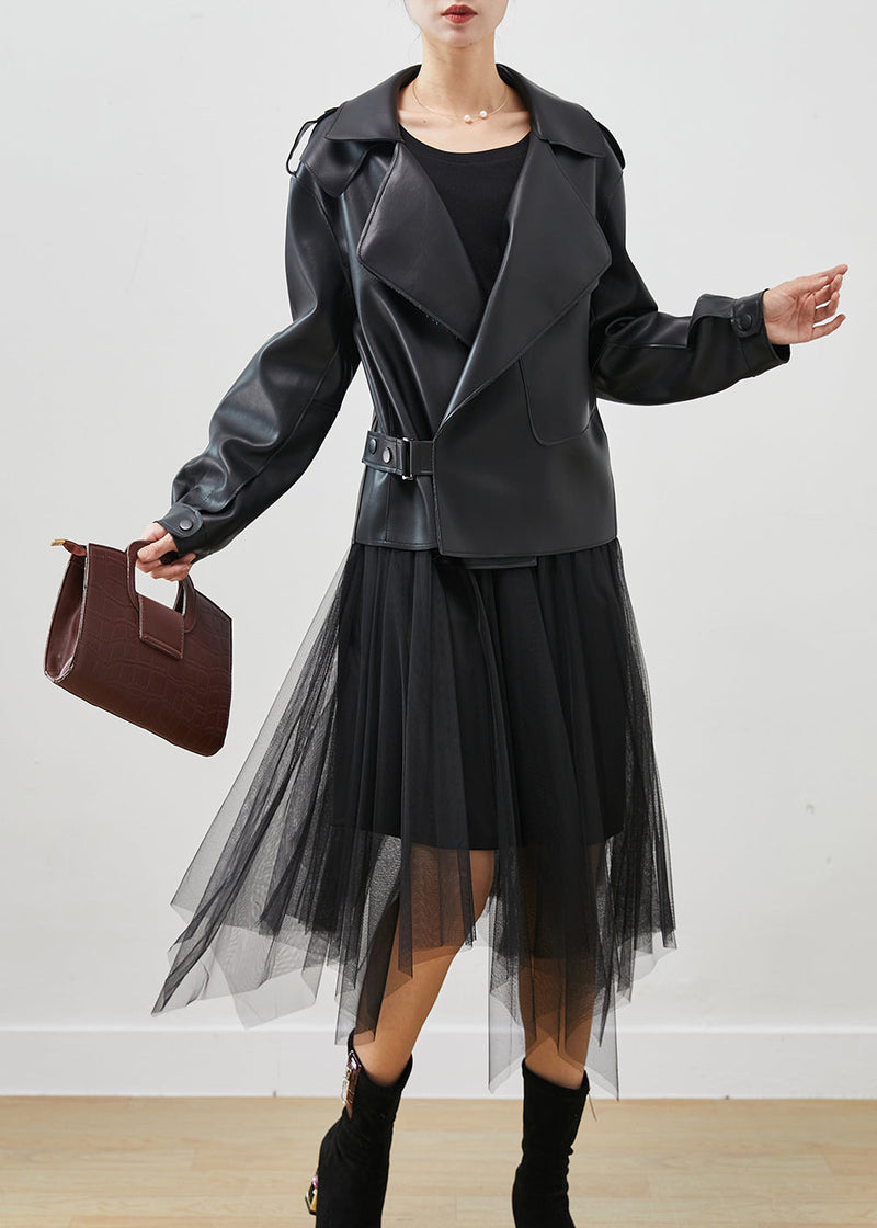 Black Faux Leather Coats and Tull Dress Two Piece Set Clothing Spring