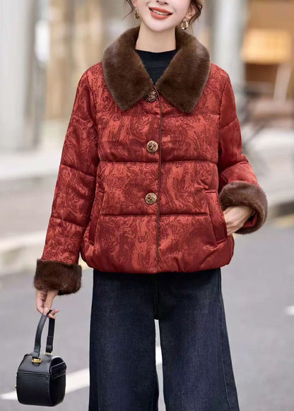 New Red Jacquard Fur Collar Fine Cotton Filled Puffer Jacket Winter