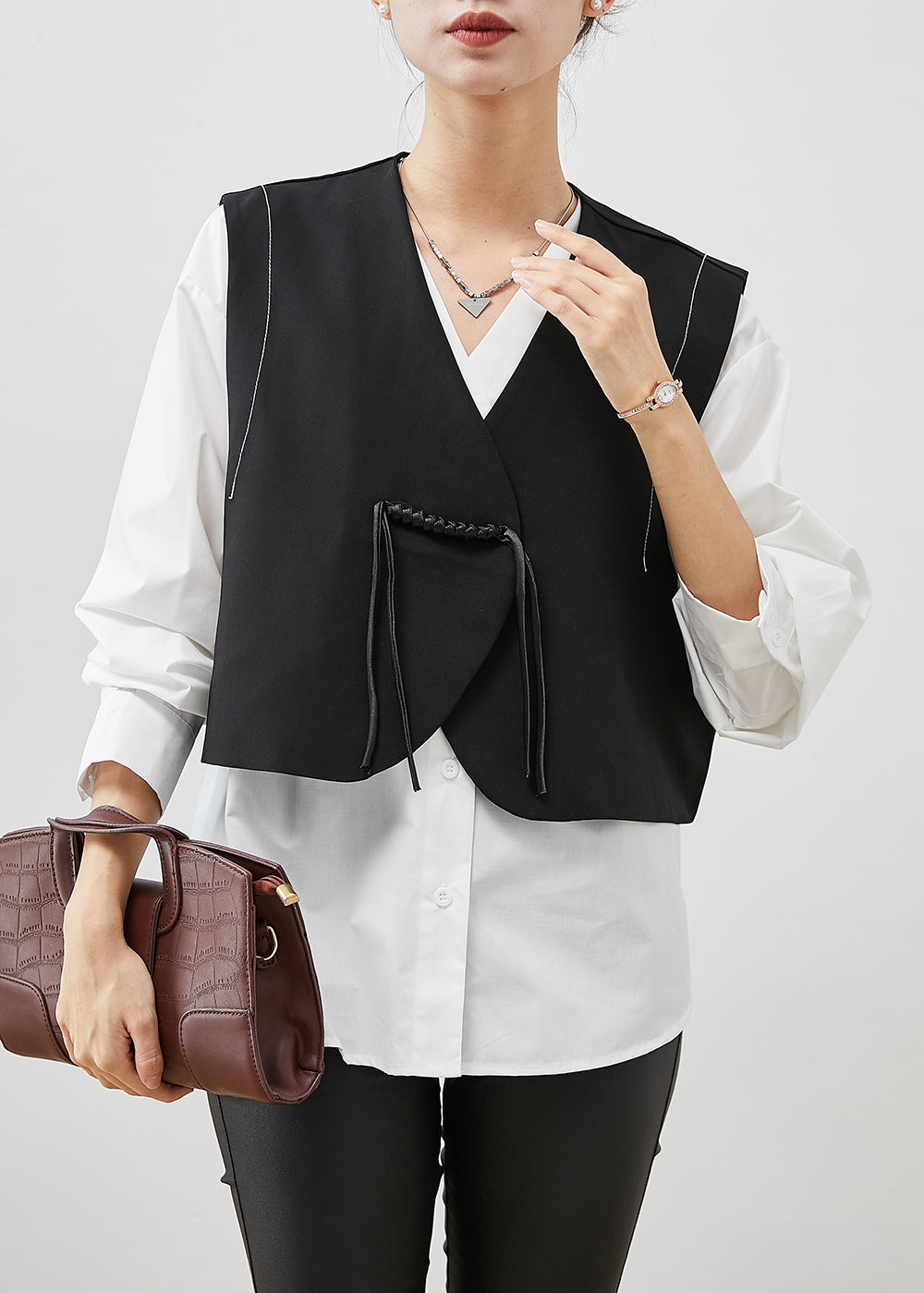 Italian Black Tasseled Spandex Vest and Shirt Two Pieces Set Spring