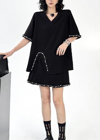 Black V Neck Nail Bead Cotton Two Pieces Set Summer