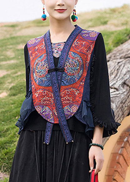 Retro Blue V Neck Embroideried Waistcoat Sleeveless