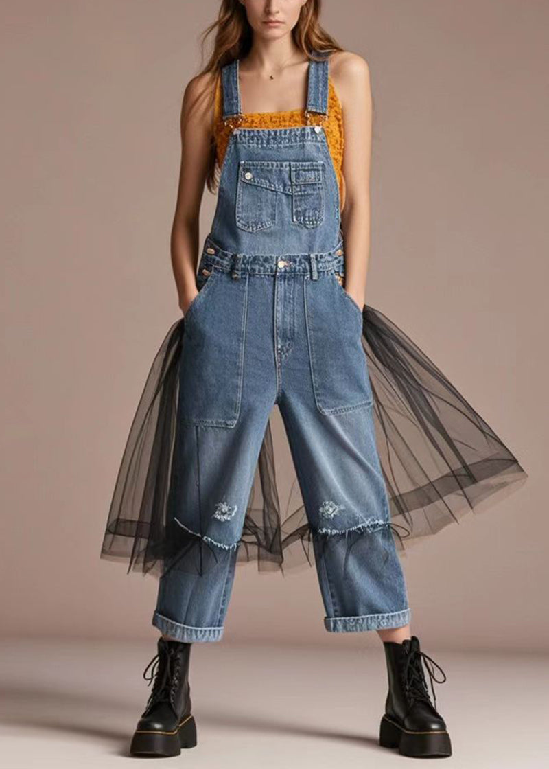 Blue Oversized Patchwork Tulle Denim Jumpsuit Summer