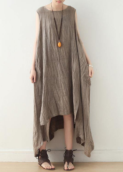 Khaki Asymmetrical Summer Sleeveless Linen Dress