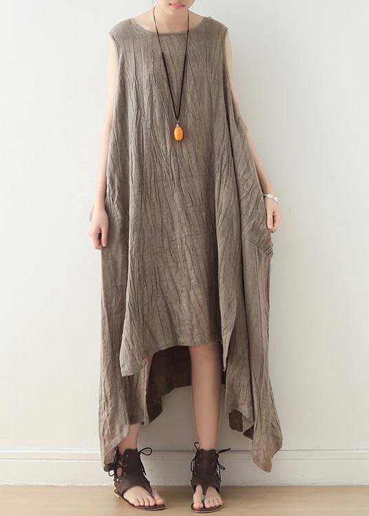 Khaki Asymmetrical Summer Sleeveless Linen Dress