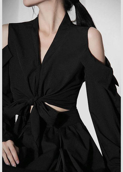 Organic Black Cold Shoulder V Neck Long Sleeve Top