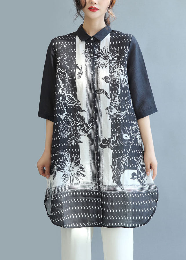 Black Peter Pan Collar Print Linen Long Shirt Tops Half Sleeve