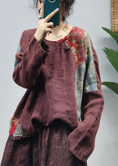 Fine Mulberry Side Open Patchwork Linen Blouses Long Sleeve