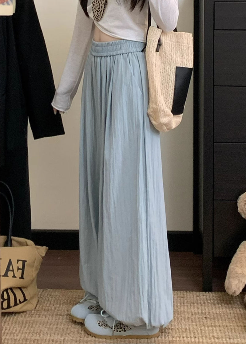 Blue Pockets Elastic Waist Cotton Pants Fall