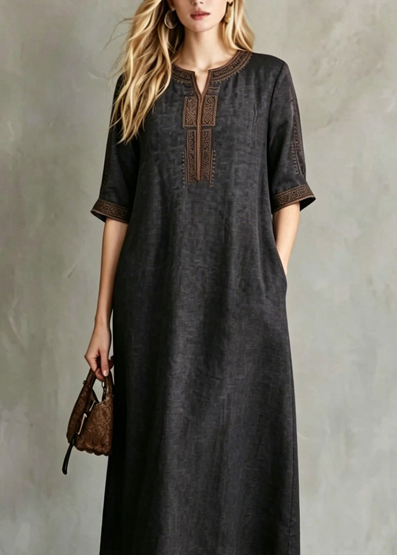 Black Embroidered Button Silk Maxi Dresses Summer