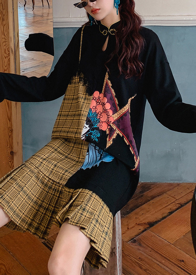 Black Stand Collar Print Patchwork Maxi Dress Long Sleeve