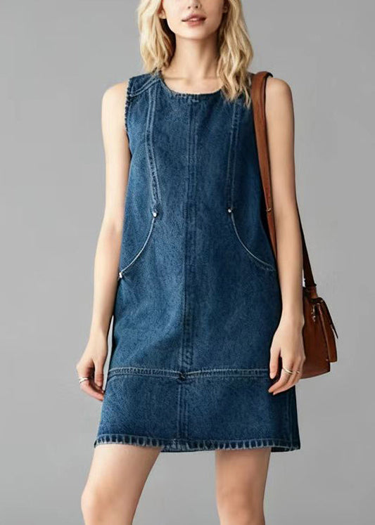 Classy Blue O-neck Silm Fit Denim Mini Dress Sleeveless