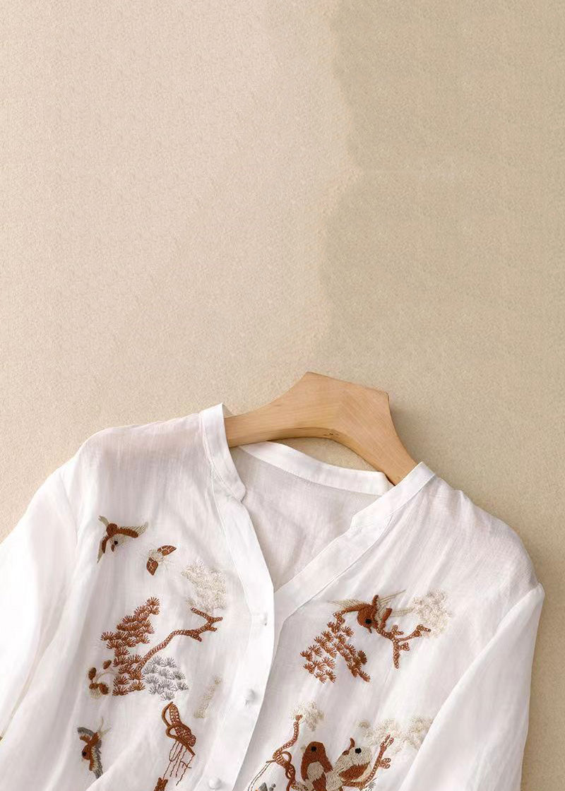 White V Neck Patchwork Cotton Shirt Top Spring