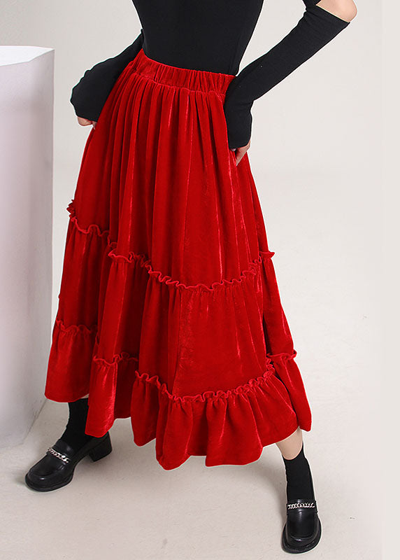 Red Ruffled Patchwork Silk Velour Skirt Spring