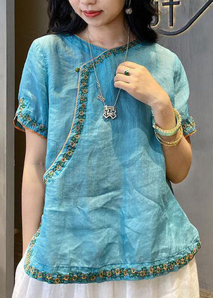 Chinese Style Yellow O-neck Embroideried Linen Tops Short Sleeve