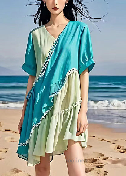 Colorblock Asymmetrical Patchwork Ruffled Linen Dresses Summer