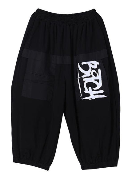 Simple Black Graphic Pockets Pants Summer Cotton