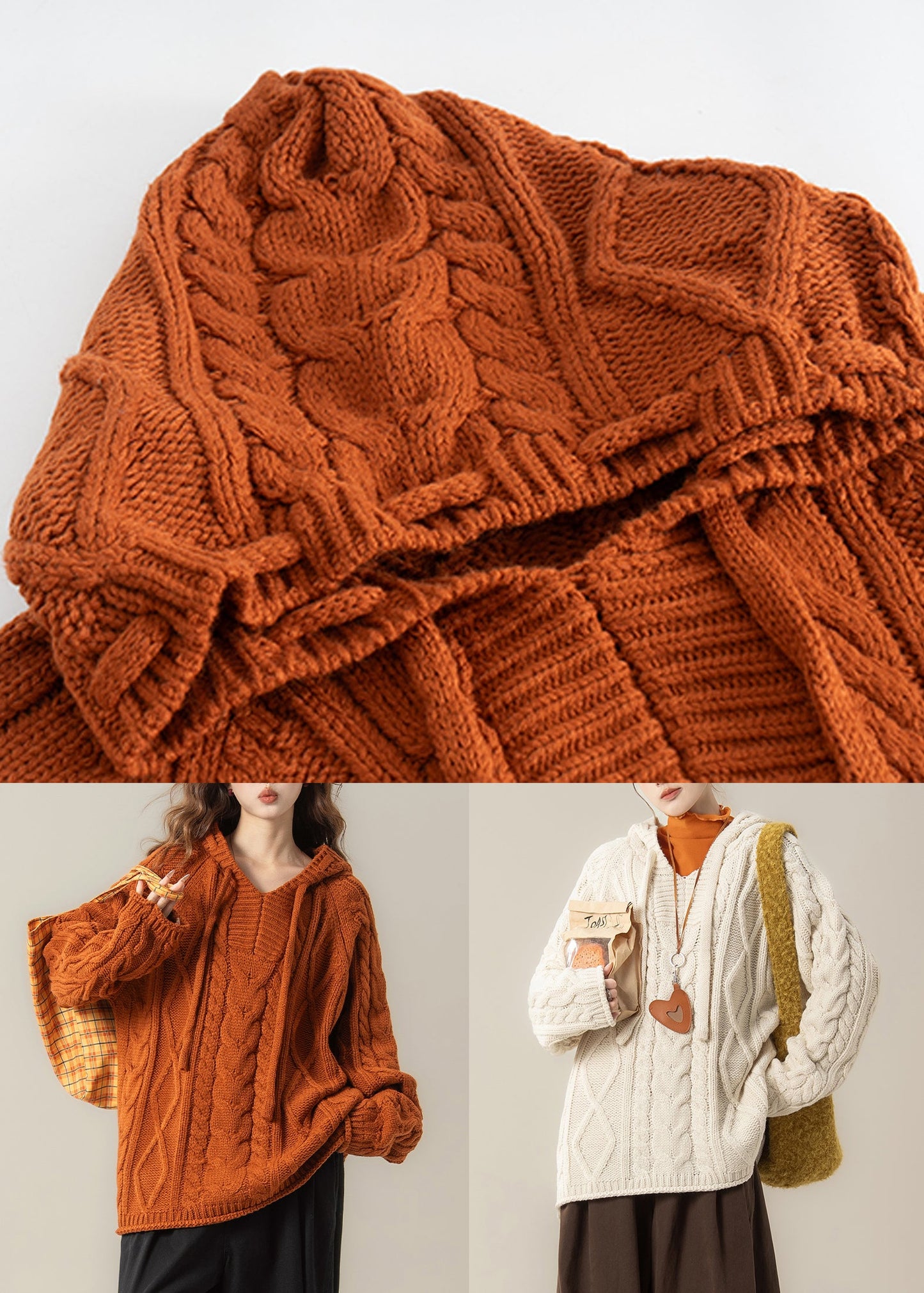 Loose Beige Hooded Cozy Cable Knit Sweater Tops Spring