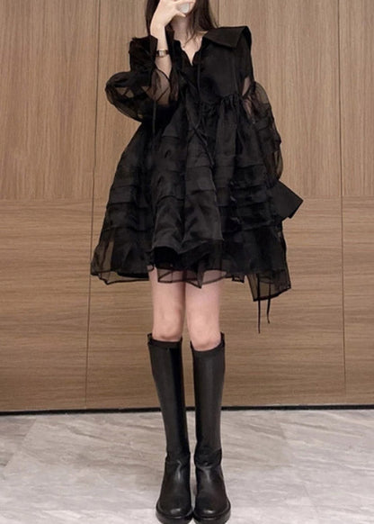 French Black V Neck Patchwork Tulle Mid Dresses Long Sleeve Fall