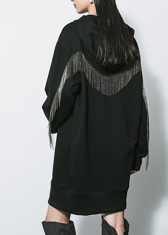 Black Patchwork Tassel Cotton Hooded Mid Dresses Fall