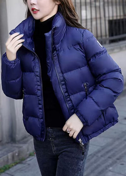 Simple Blue Stand Collar Zip Up Down Coat Winter