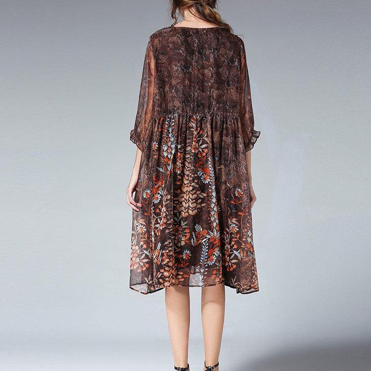 Unique Blue Print Tunic Pattern O Neck Cinched Summer Dresses