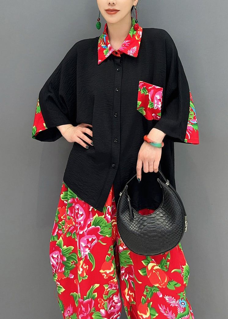 Fitted Black Peter Pan Collar Print Patchwork Button Shirts and Harem Pants Two Pieces Set Long Sleeve