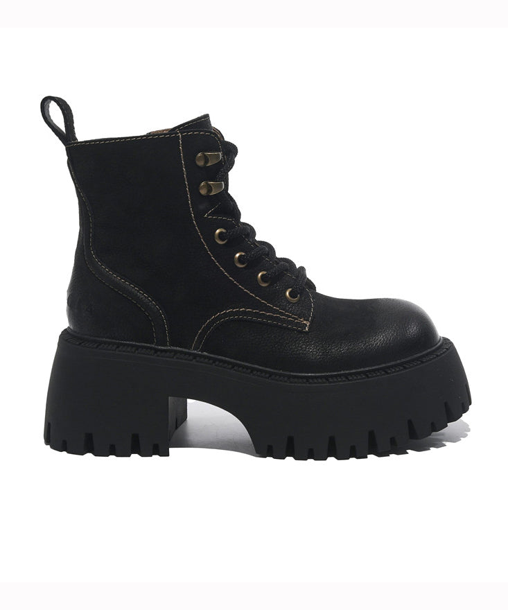 Cross Strap Splicing Chunky Boots Light Brown Cowhide Leather