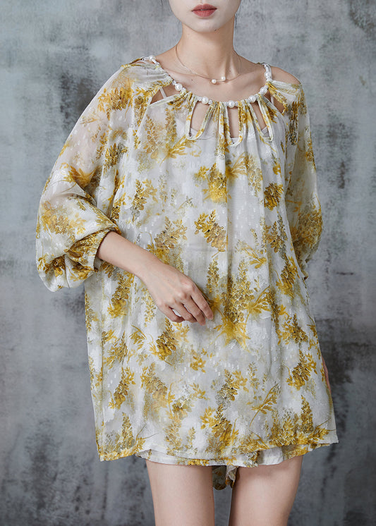 Boutique Yellow Print Hollow Out Chiffon Sets 2 Pieces Summer