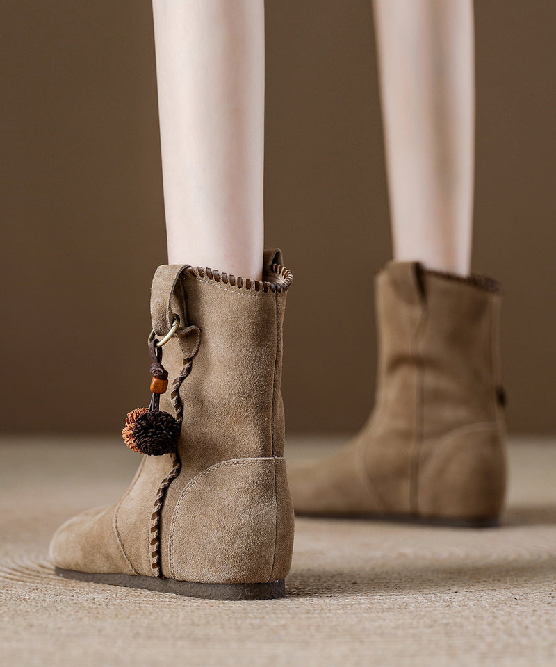 Khaki Suede Splicing Wedge Boots