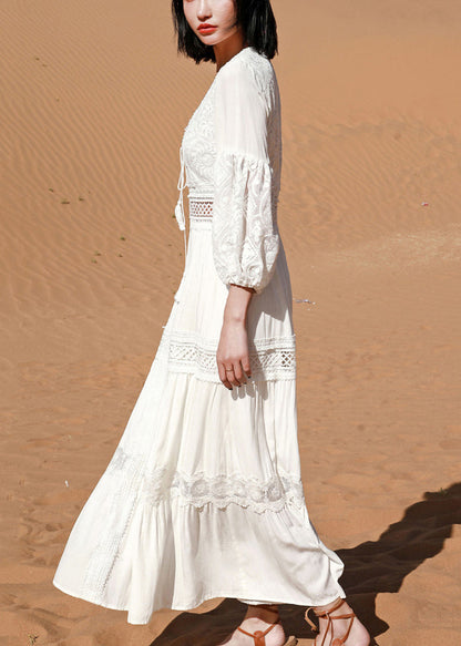 White Lace Hollow Out Long Dress Puff Sleeve