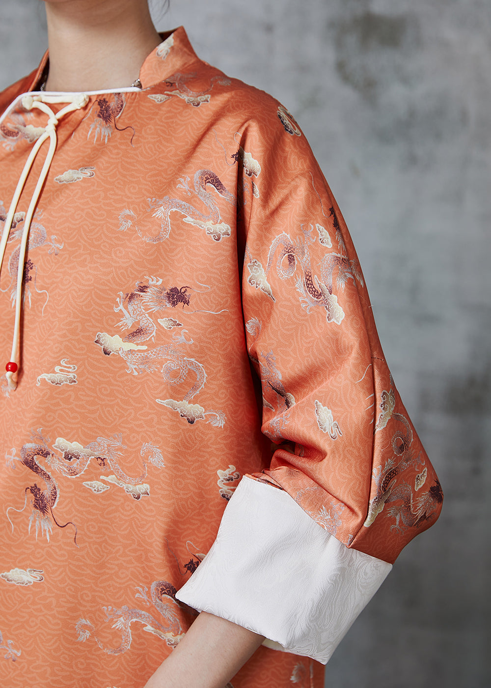 Orange Tasseled Print Side Open Silk Oriental Coats Fall