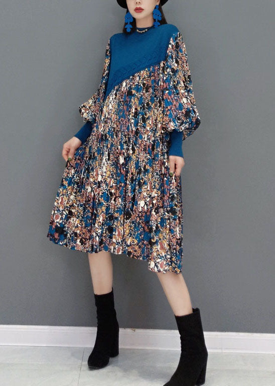 Boutique Blue O-neck Knit Patchwork Chiffon Holiday Dress Spring