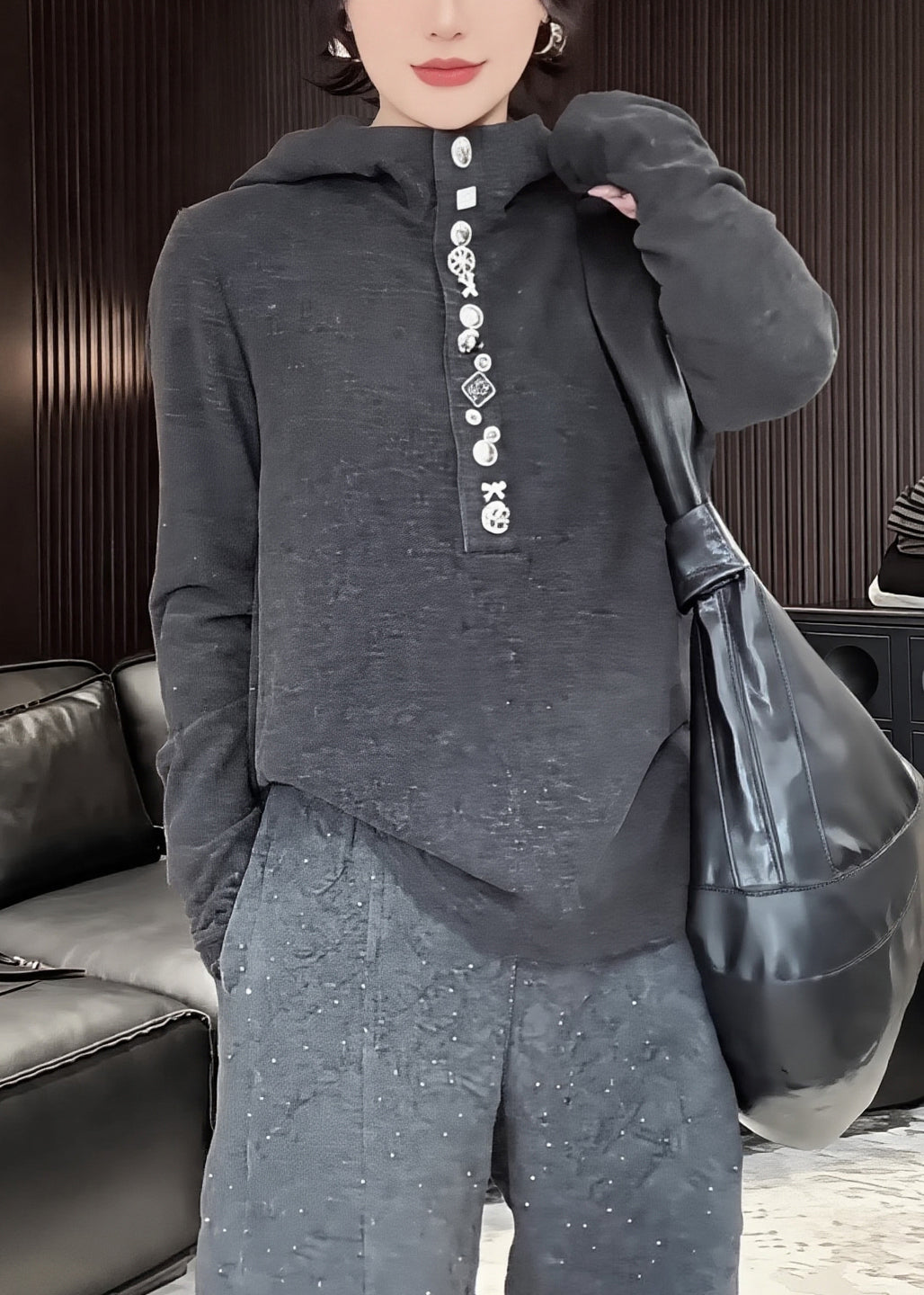 Stylish Grey Hooded Cotton Pullover Sweatshirt Spring