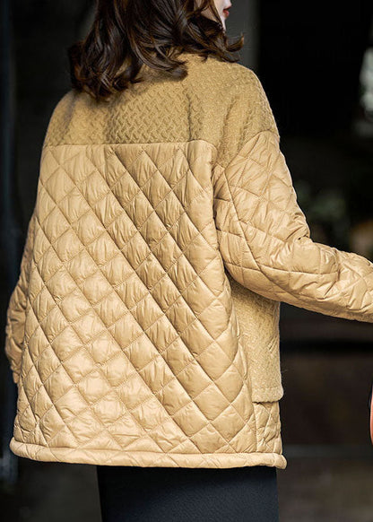 Simple Khaki V Neck Patchwork Fine Cotton Filled Witner Coats
