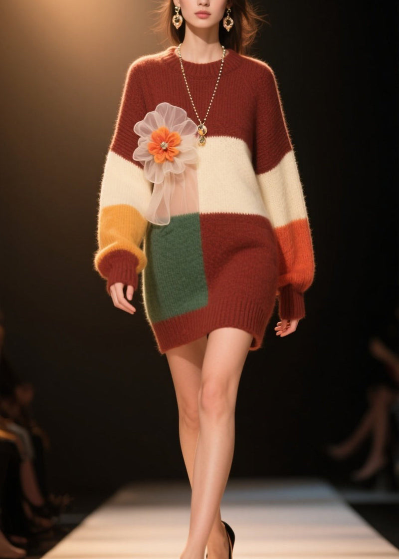 Colorblock O Neck Knit Dress Winter