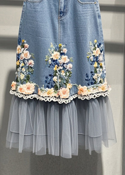 Blue Flower Patchwork Tulle Denim Skirts Fall